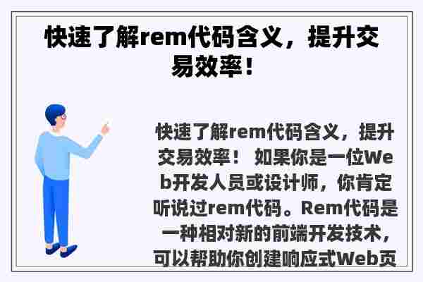 快速了解rem代码含义，提升交易效率！